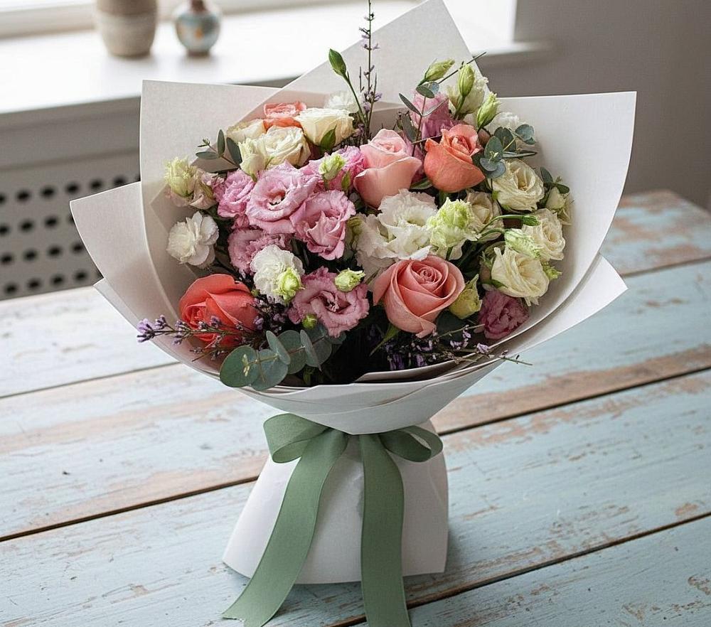 Букет цветов из: Розы, Лизиантусы и Гвоздики в Камское Устье