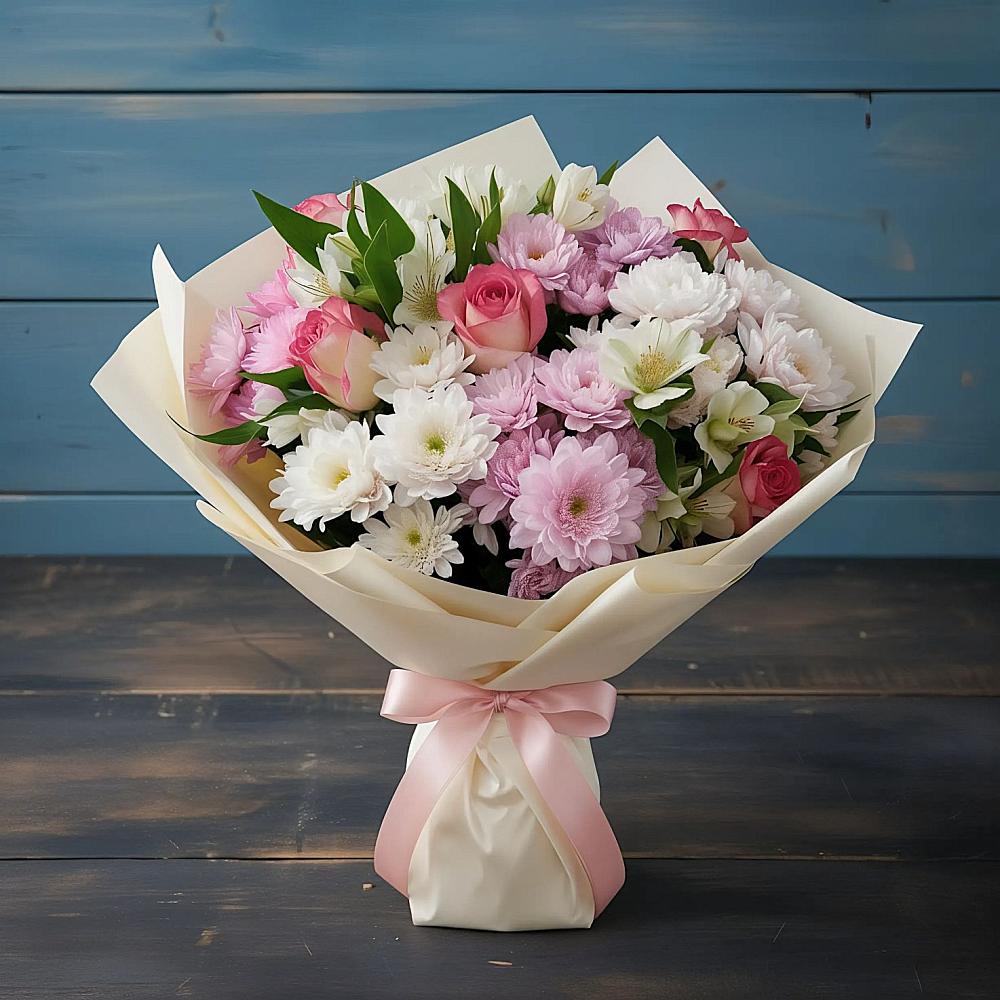 Букет цветов из: Хризантемы, Альстромерии и Розы в Камское Устье